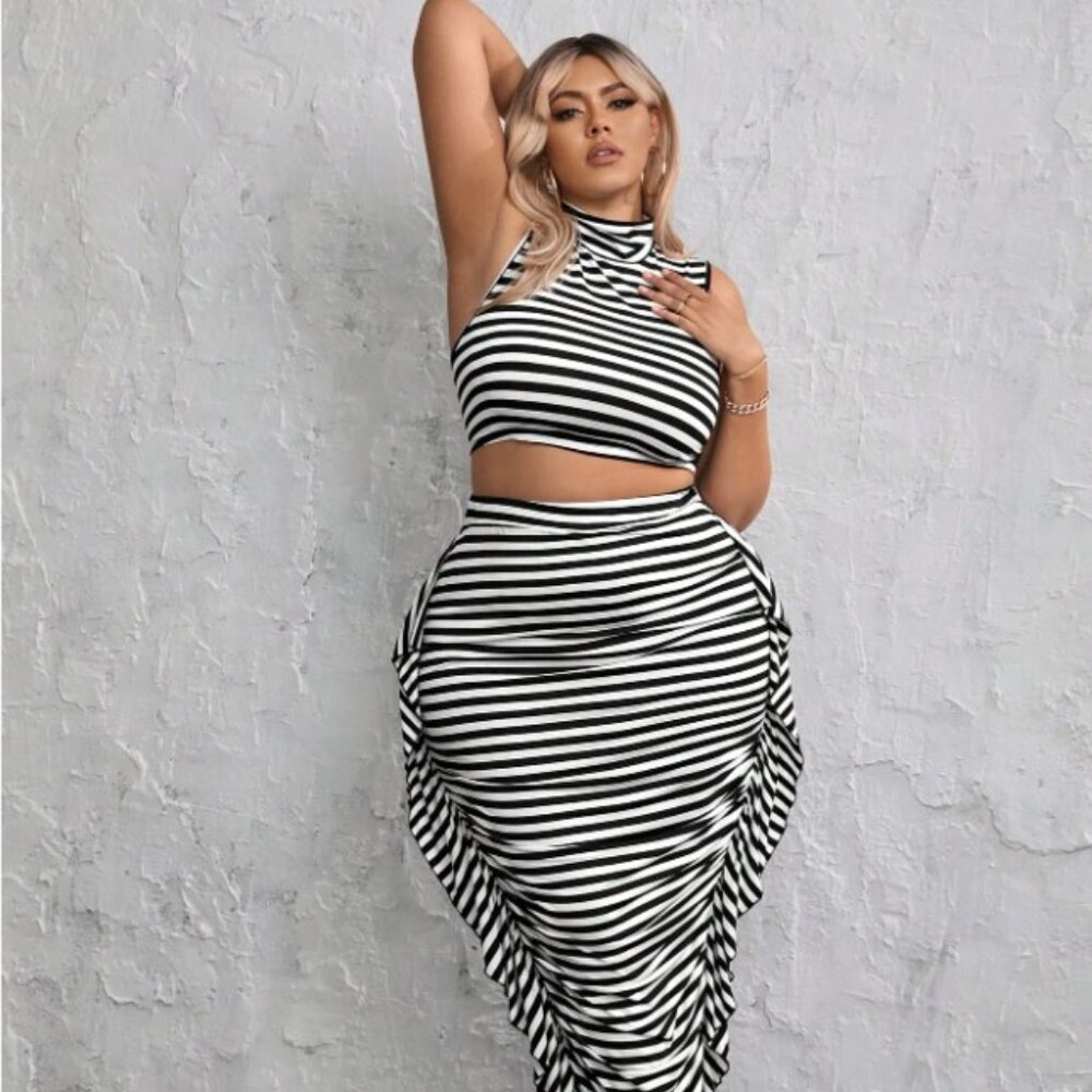 SHEIN SXY Plus Size Striped Pattern Vest Top And Ruffled Hem Skirt 2pcs Set